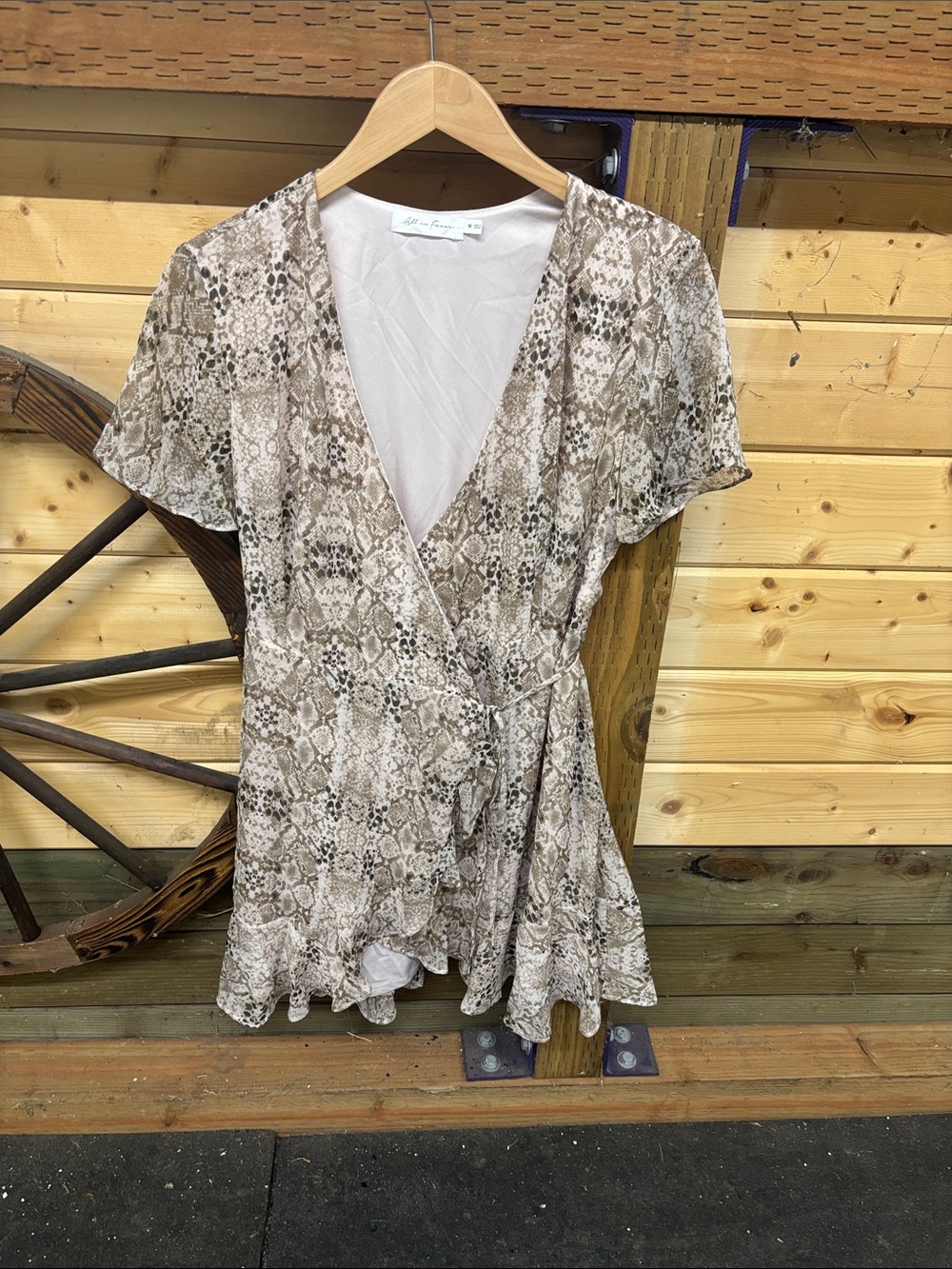 All in Favor Beige Snake-Print Wrap Blouse